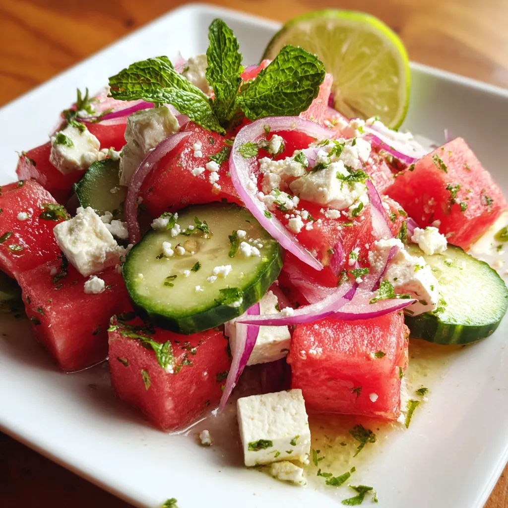 Watermelon Cucumber Feta Salad in Lime Dressing