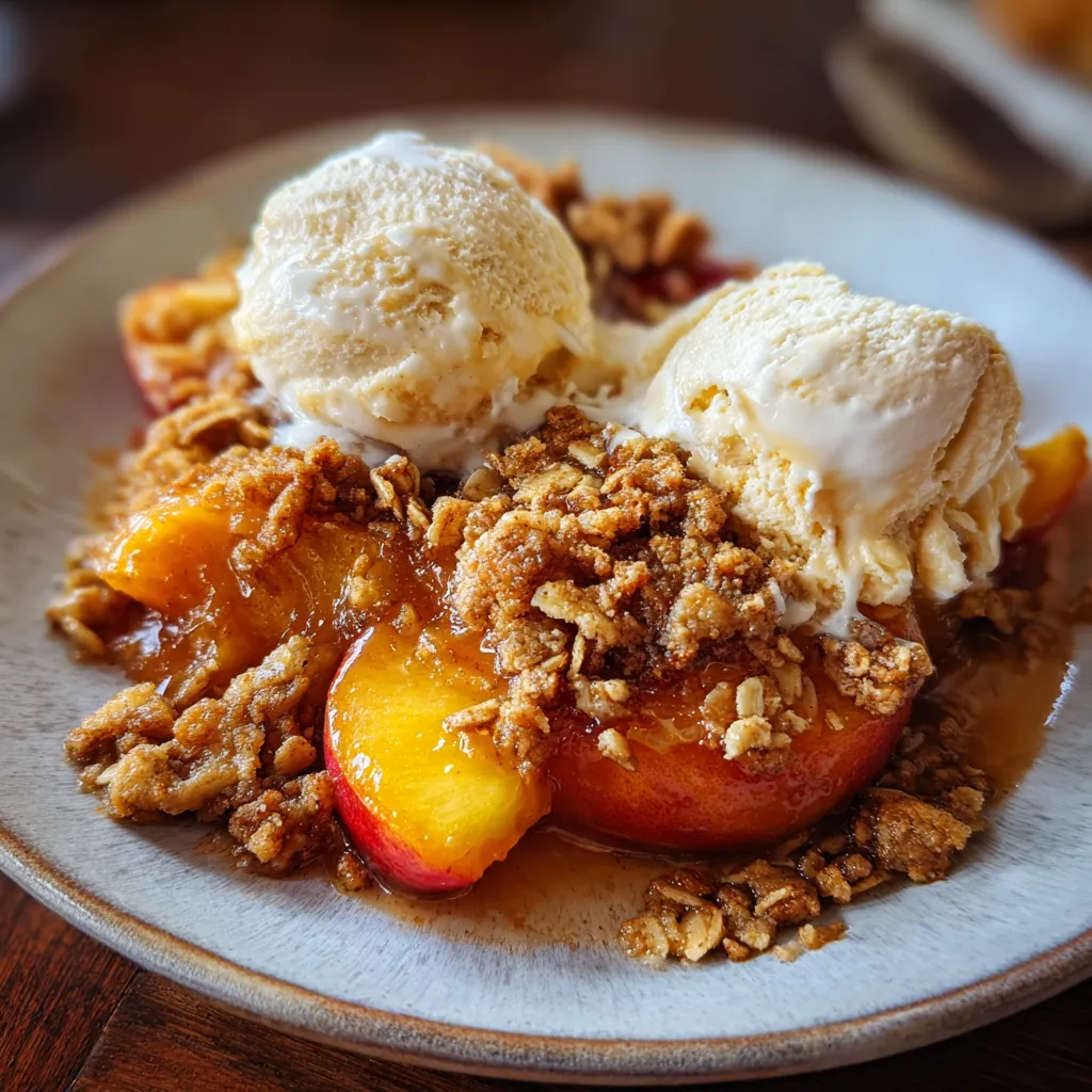 Baked Peaches with Cinnamon Oat Crumble and Vanilla Ice Cream