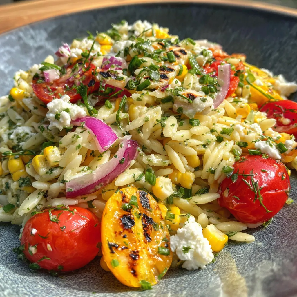 Grilled Corn Orzo Salad with Scallion Dill Dressing