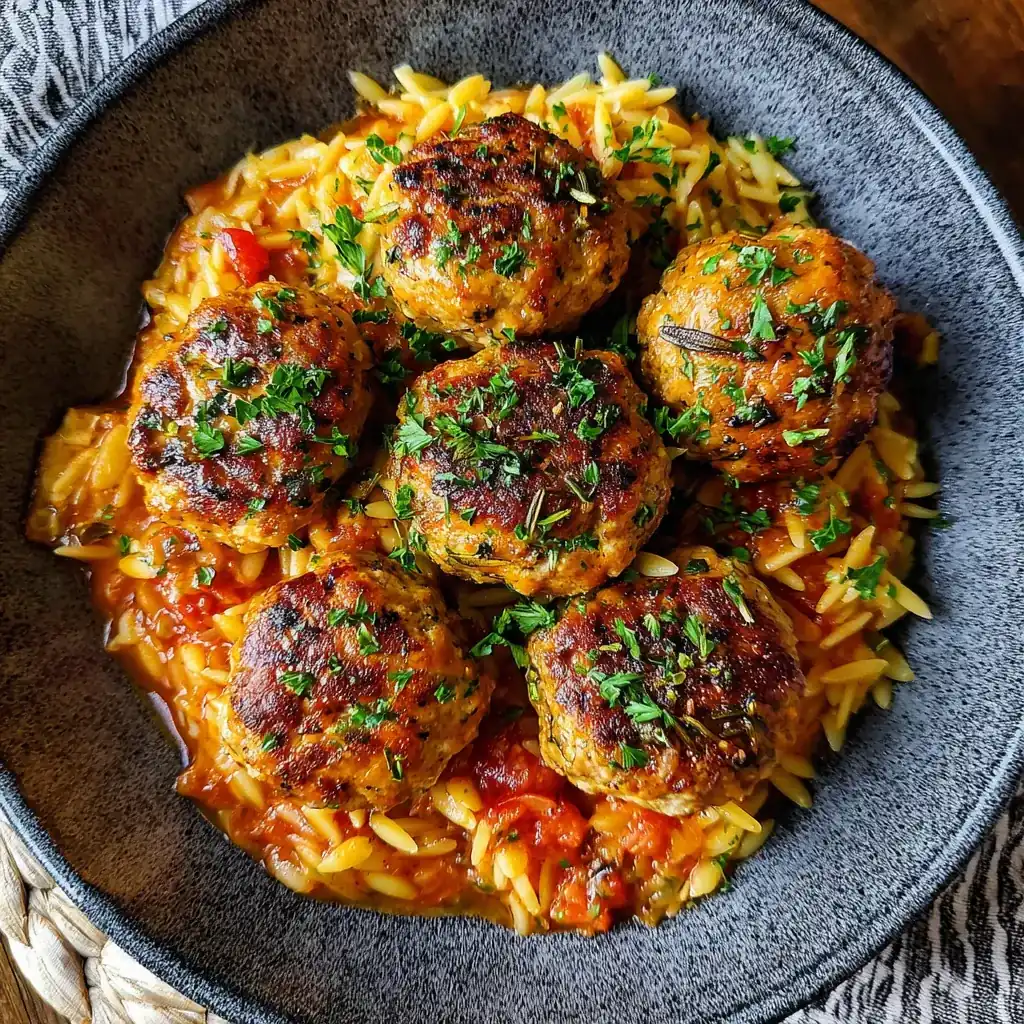 Baked Rosemary Chicken Meatballs with Tomato Orzo