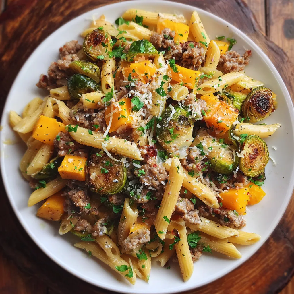 One-Pan Autumn Sausage Pasta with Brussels Sprouts &amp; Butternut Squash