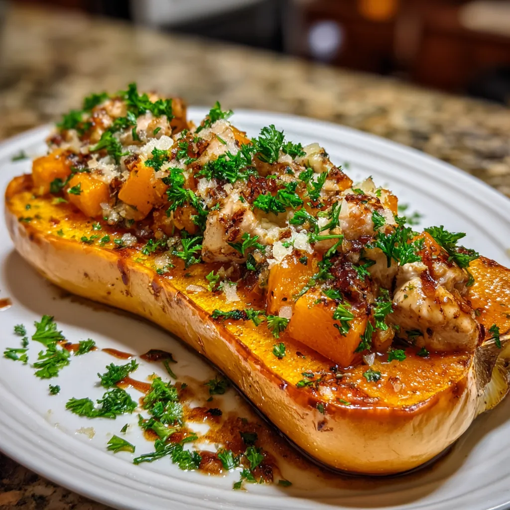 Sweet and Savory Honey Roasted Butternut Squash Stuffed with Chicken