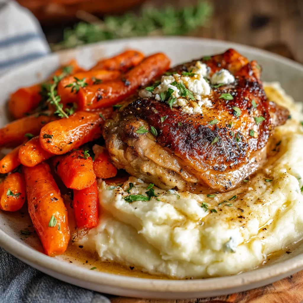 Honey Balsamic Chicken Thighs with Goat Cheese Mashed Potatoes and Roasted Carrots