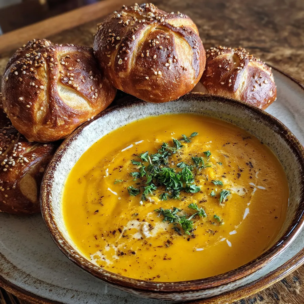 Pumpkin & Cheddar Soup with Soft Pretzel Rolls