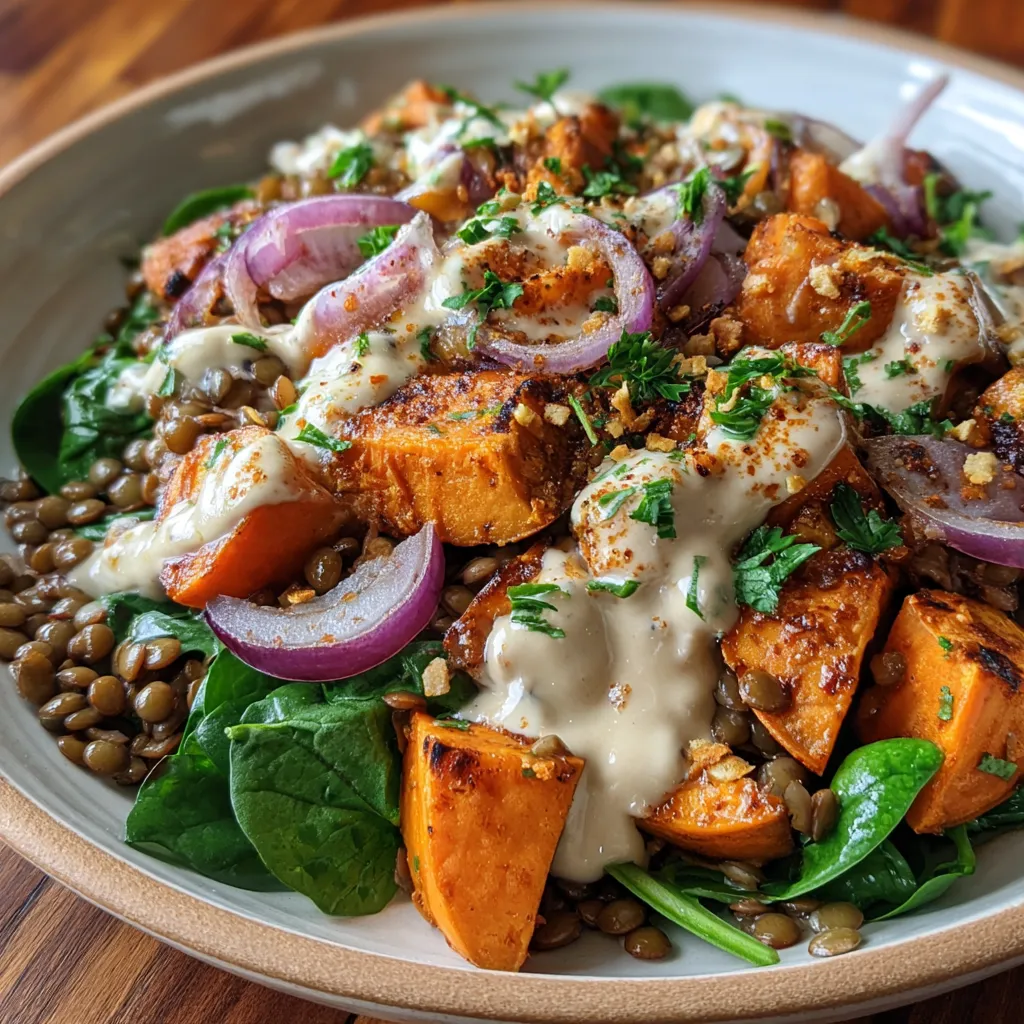 Sweet Potato Lentil Salad with Roasted Garlic Tahini Dressing